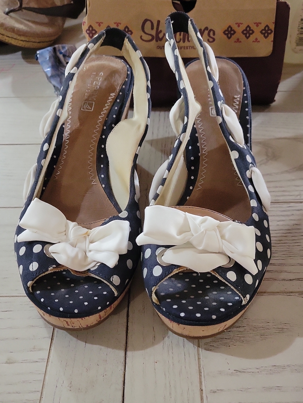 Sperry Navy Polka Dot Peep-Toe Wedge Sandals with Cream Bow